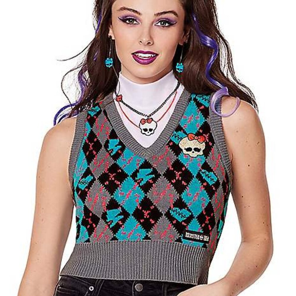 Monster High Size XL Black/Blue/Grey/Pink Argyle Sweater Vest with Skull Patch